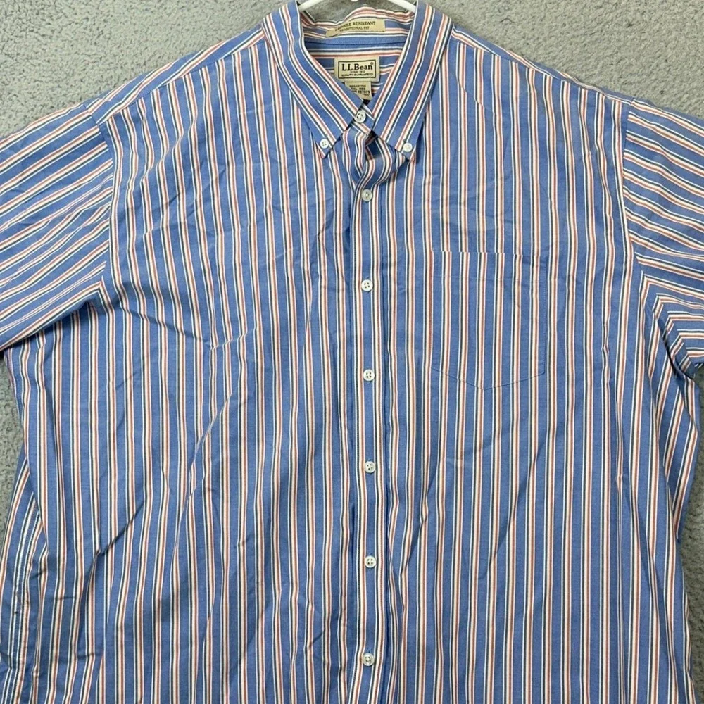 L.L. Bean Shirt Mens 2XL Traditional Fit Blue Orange Striped Button Down Casual